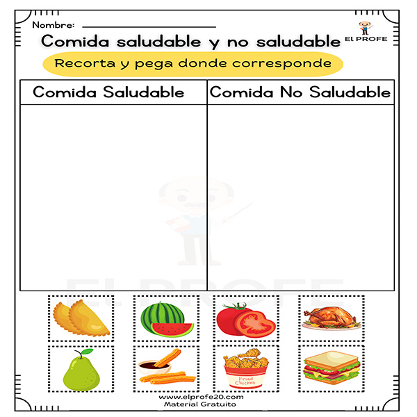 comida saludable y no saludable para imprimir