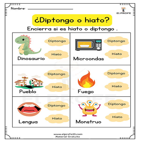 ejercicios de hiato y diptongo para primaria