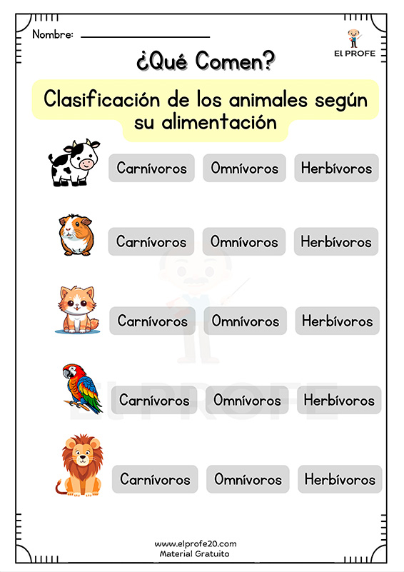 ejercicios de animales carnívoros, herbívoros y omnívoros