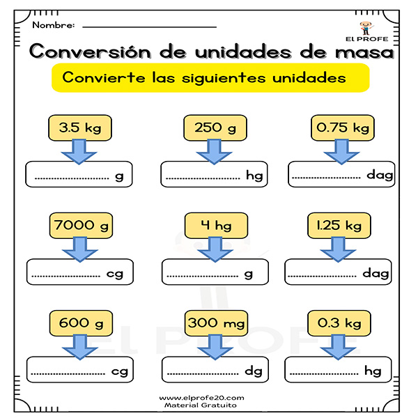 Ejercicios de conversión de unidades de masa para imprimir