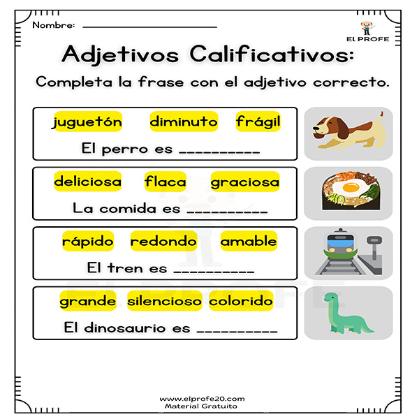 ejercicios de frases con adjetivos para imprimir