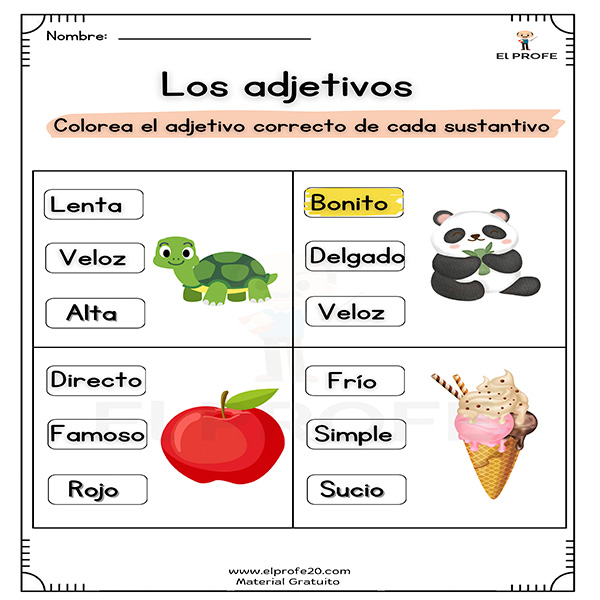 ejercicios de adjetivos para primaria