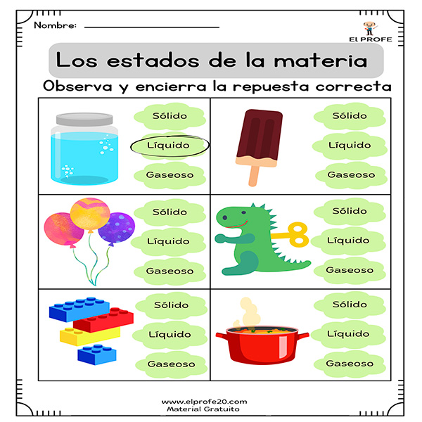 ejercicios de solido liquido y gaseoso para niños